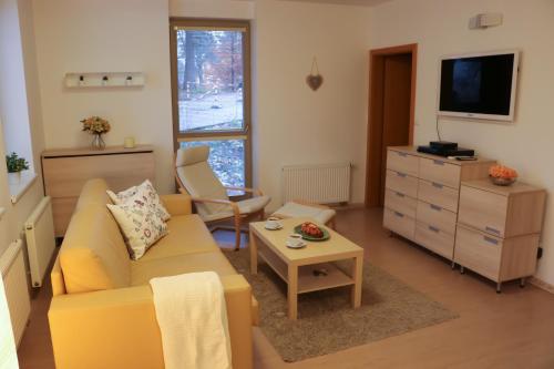 a living room with a yellow couch and a tv at Apartmán Resident A001 in Harrachov