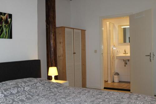 una camera con letto e un bagno con lavandino di B&B Heida a Giethoorn