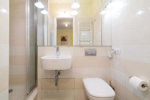 een badkamer met een wastafel, een toilet en een spiegel bij Studio Batory in Kazimierz Dolny
