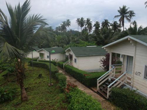 a row of houses with palm trees in the background at N`Guembú Nature Resort in Porto Alegre