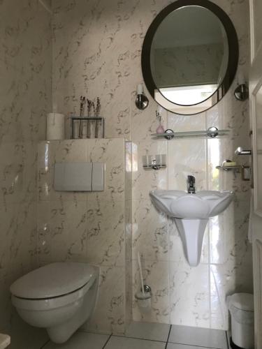 ein Badezimmer mit einem WC, einem Waschbecken und einem Spiegel in der Unterkunft Gästewohnung Brockerhoff in Neunkirchen