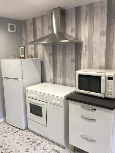 La cuisine est équipée d'un four micro-ondes et d'un réfrigérateur. dans l'établissement Gîte les Dames - Mens, à Mens