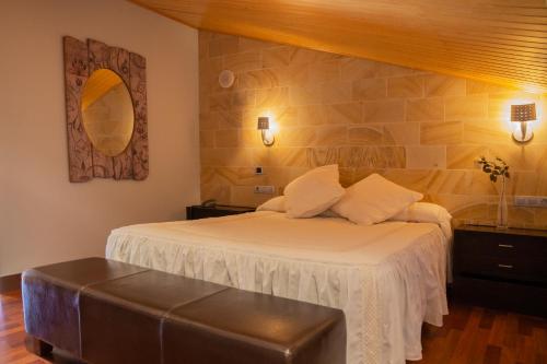 a bedroom with a large bed and a mirror at Hostal Fuentefria in Abejar