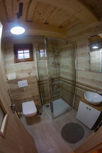 a bathroom with a shower and a toilet and a sink at Penzión Natália in Terchová