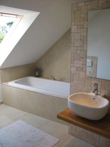 a bathroom with a sink and a bath tub at Ferienwohnung Trede in Kurort Gohrisch