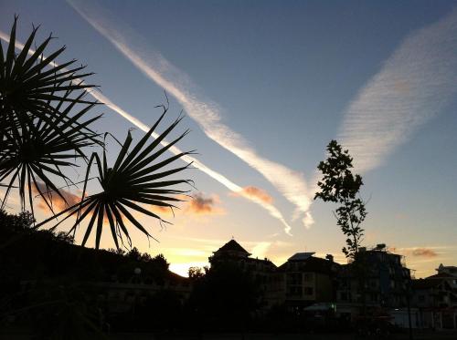 a view of the sky at sunset with a palm tree at Villa Sky Music in Obzor