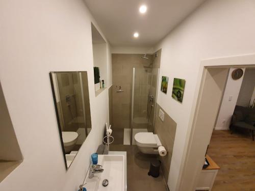 a bathroom with a sink and a toilet and a mirror at 1 Zimmer Apartment Ratingen Ost in Ratingen
