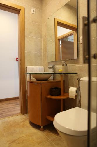 a bathroom with a sink and a toilet and a mirror at Casa de Santo Antonio in Freixo