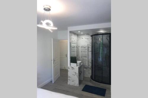 uma casa de banho com um chuveiro num quarto em Fruitiers1 em Saint-Denis