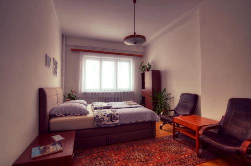 a bedroom with a bed and a window and a chair at Apartment Anna Vysehrad in Prague