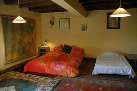 1 dormitorio con 2 camas y alfombra en Le Manoir de Presle - Gîte, en Montaigu-le-Blin
