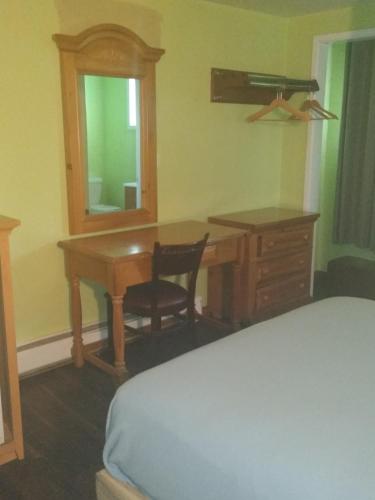 a bedroom with a desk and a bed and a mirror at Econo Inn in Anchorage