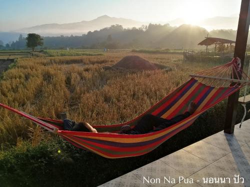 a person laying in a hammock in a field at NON NA PUA - นอนนา ปัว in Pua