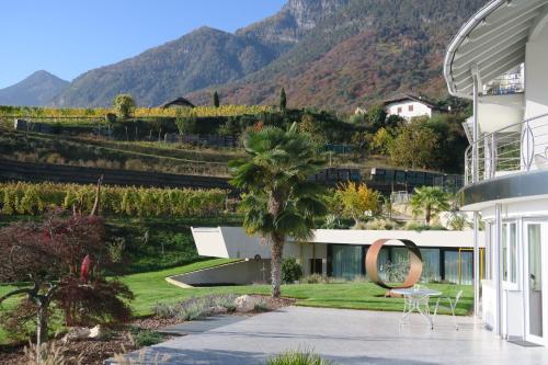 a house with a palm tree in front of a mountain at Millenniumshof in Caldaro