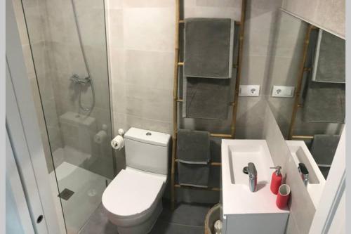 Un baño con inodoro, ducha y lavabo. en LA PITA DEL POZO, en El Pozo de los Frailes