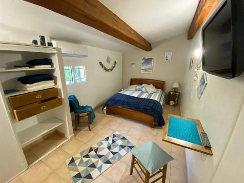 ein kleines Schlafzimmer mit einem Bett und einem TV in der Unterkunft villa santa rita in Auribeau-sur-Siagne