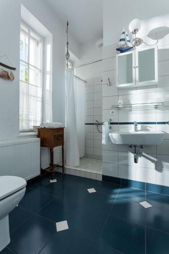 a bathroom with a sink and a toilet at Willa Ludwinia in Gdynia