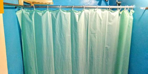 a shower curtain in a bathroom with blue walls at El Conde de Villa Rosa in Salado