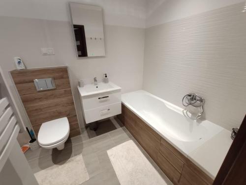 łazienka z wanną, toaletą i umywalką w obiekcie Apartament Parkowy w mieście Rzeszów