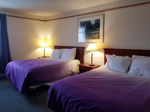 two beds in a hotel room with purple sheets at Moosomin Country Squire Inn in Moosomin