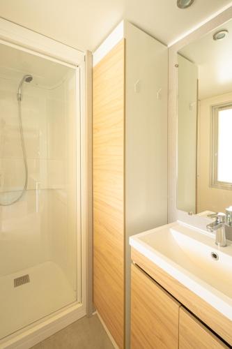 a bathroom with a shower and a sink at DS One Vacances, Prairies de la Mer in Grimaud