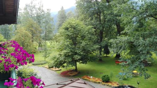 a view of a garden with trees and flowers at Appart Burgwies ink Nationalpark Sommercard in Stuhlfelden