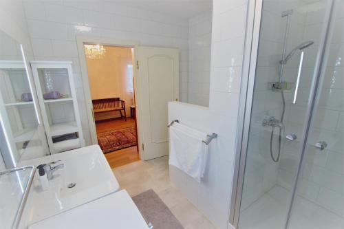 een witte badkamer met douche en wastafel bij Christl - Apartment mit Garten und Pool zur Mitbenutzung in Wenen