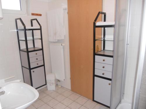 a bathroom with a sink and a toilet and a shelf at Appartement Huber in Lutzmannsburg