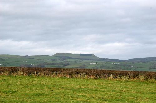 a field with a fence and mountains in the background at Bonshawbrae in Kirtlebridge