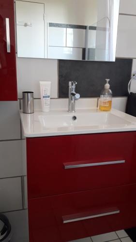 La salle de bains est pourvue d'un lavabo blanc et de placards rouges. dans l'établissement Superbe T3 de 85 mètres Carrés, à Toulouse
