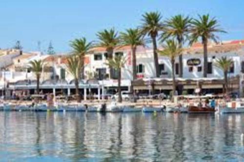 a body of water with palm trees and boats at Apartamento Addaia in Port d'Addaia