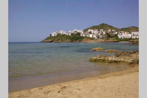 a view of a beach with houses on a hill at Apartamento Addaia in Port d'Addaia