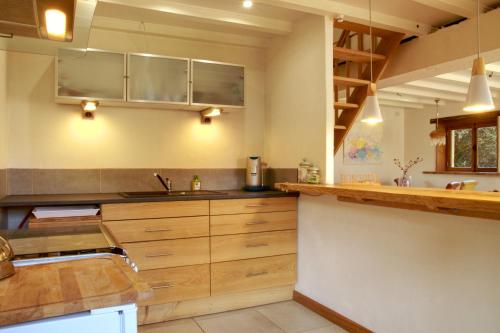 Isle-et-Bardais的住宿－Gîte le Matou Roux，厨房配有木制橱柜和台面