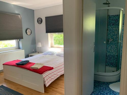 sypialnia z łóżkiem i przeszklonym prysznicem w obiekcie Celic Art Apartments w Zagrzebiu