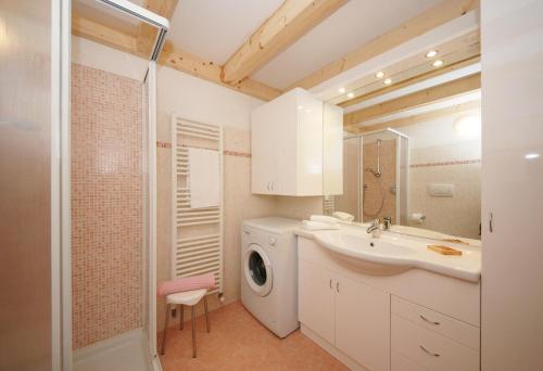La salle de bains est pourvue d'un lave-linge et d'un lavabo. dans l'établissement Casa Seler - Appartamento verde, à Predazzo