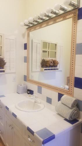 ein Bad mit einem Waschbecken und einem Spiegel in der Unterkunft Cold Moon Farm B&B in Jamaica