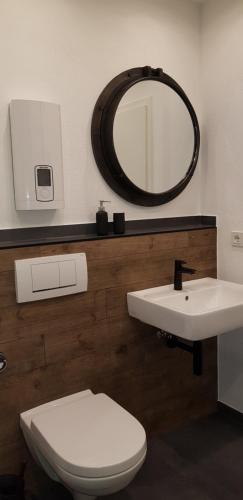 a bathroom with a toilet and a sink and a mirror at Ferienwohnung Hafenblick in Sassnitz