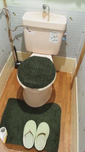 a bathroom with a toilet and a green rug at Blue House in Beppu