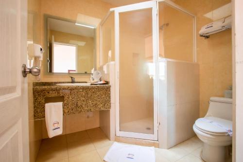 y baño con ducha, aseo y lavamanos. en HOTEL CASTELO, en San Juan del Río