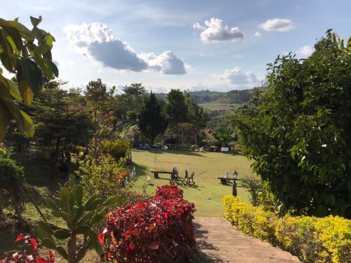 a garden with red flowers and a pathway at บ้านสวนศรเพชร in Phetchabun