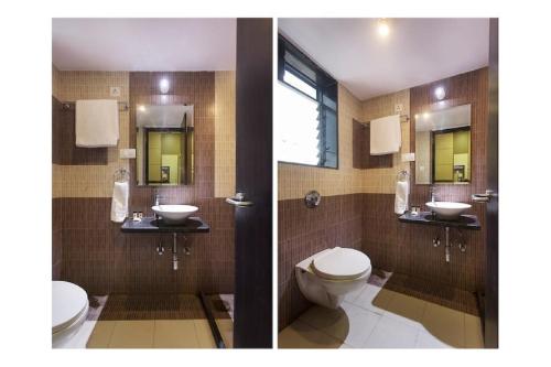 Duas fotografias de uma casa de banho com WC e lavatório. em Dean Villa em Lonavala