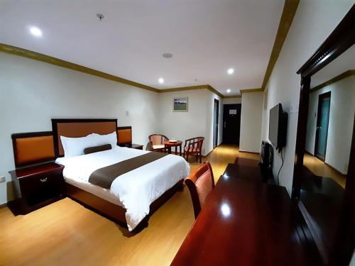 a hotel room with a bed and a television at Swan Hotel in Lima