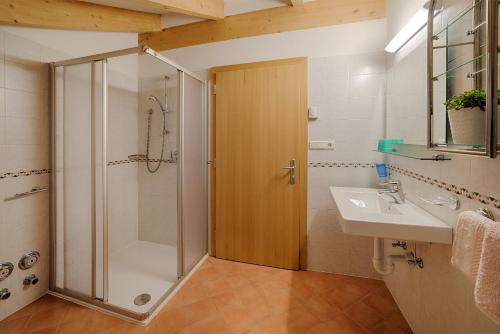 La salle de bains est pourvue d'une douche et d'un lavabo. dans l'établissement Residence Andrea, à Cadipietra