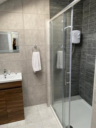 a bathroom with a shower and a sink at COACHMAN COTTAGE OUTSIDE HOT TUB in Beith