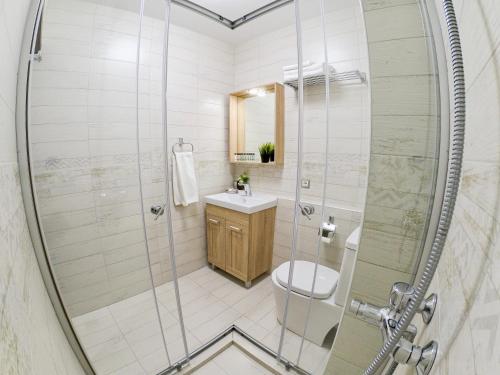ein Bad mit einer Dusche, einem WC und einem Waschbecken in der Unterkunft Hotel Vzlet in Orenburg
