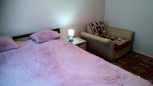 キスロヴォツクにあるАпартаменты на ул. Тельманаのベッドルーム(ピンクベッド1台、椅子付)
