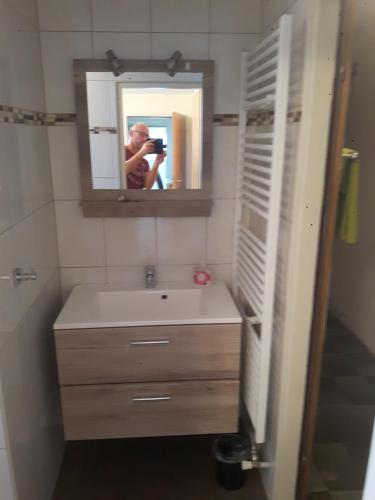 a man taking a picture of a bathroom sink at Apartment Hüttner in Gmunden