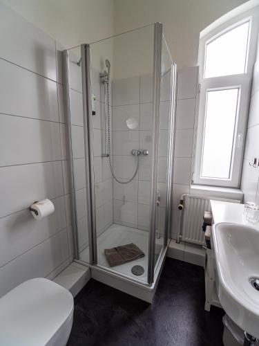 a bathroom with a shower and a toilet and a sink at Boutique Hotel Villa Monika in Westerland (Sylt)