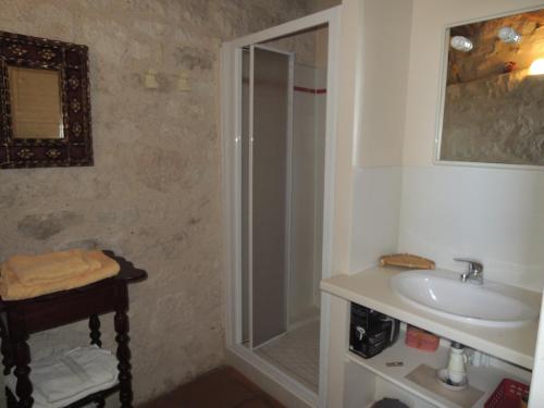 a bathroom with a shower and a sink at Gite Les Hortalis in Monjoi