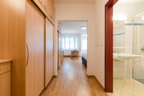 a hallway of a bathroom with a sink and a shower at Studiowohnungen am Rieger-Hof in Hartmannsdorf